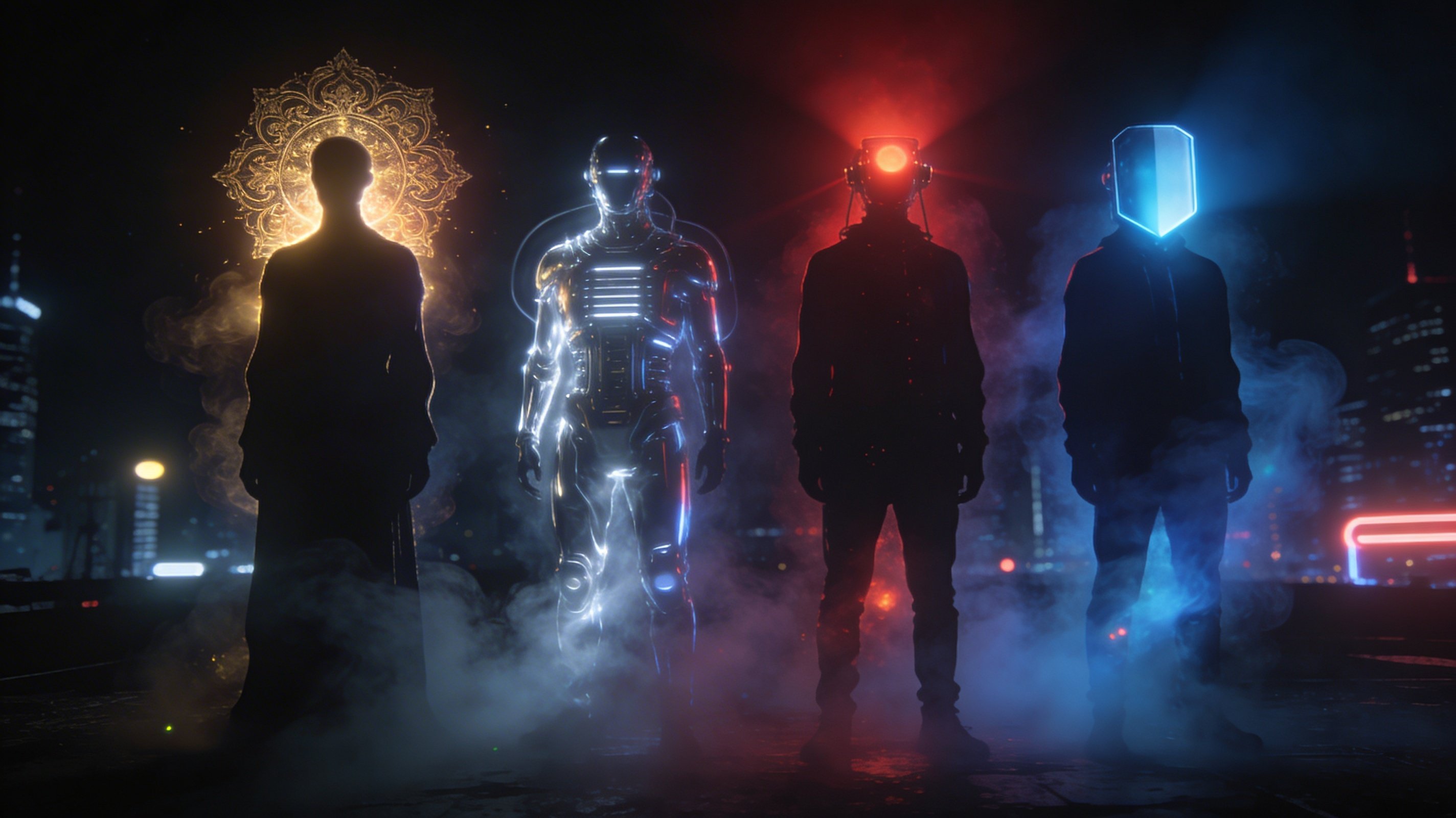 Four distinct Human Design aura types standing in a mystic cityscape