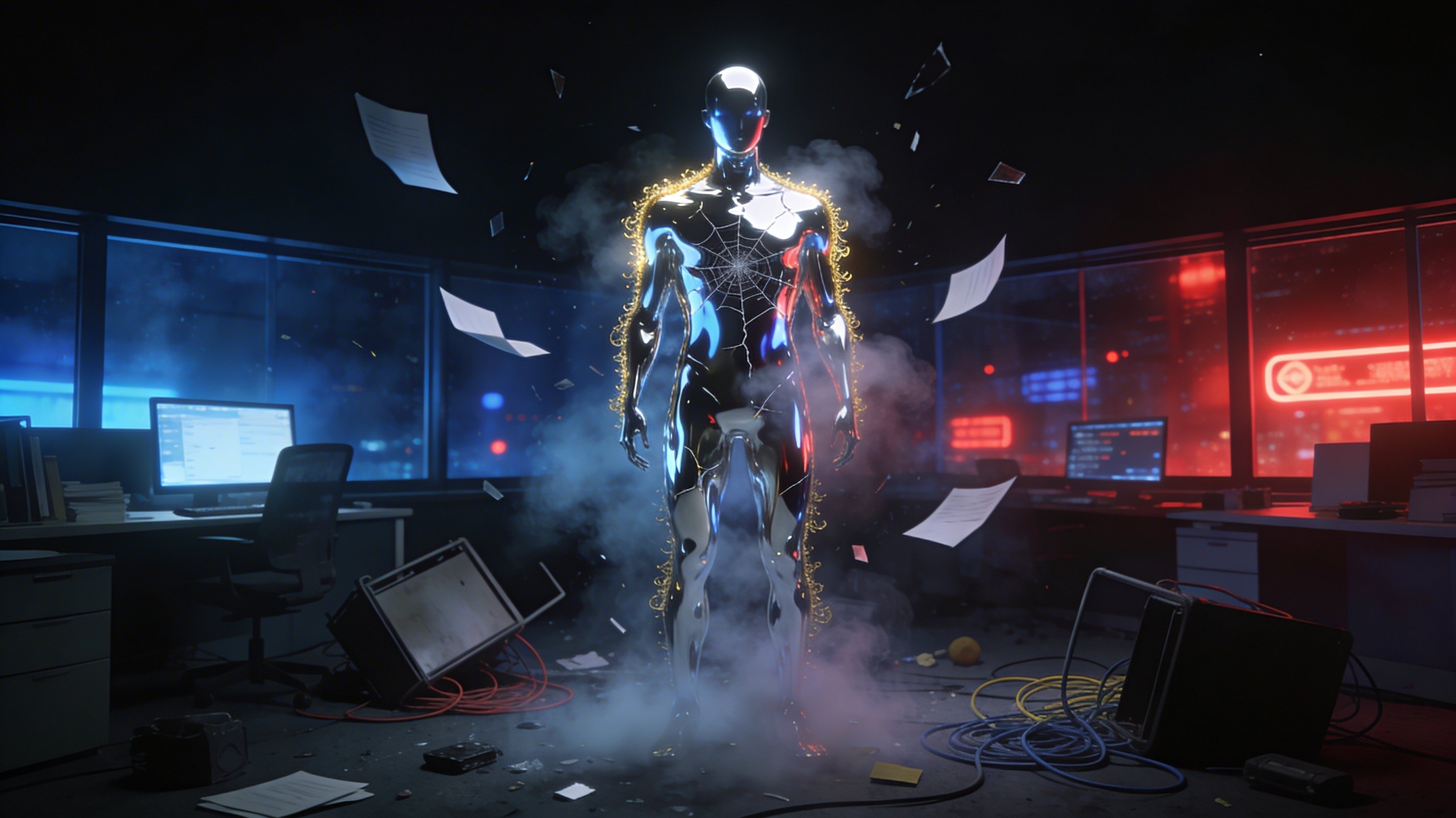 A silver mirror figure reflecting a chaotic environment