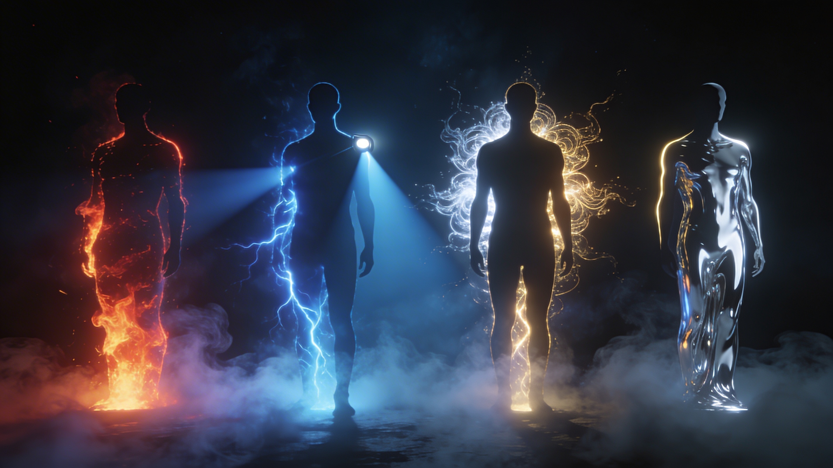Four glowing silhouettes representing the Human Design energy types: Generator, Projector, Manifestor, and Reflector.
